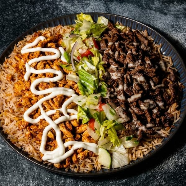 A platter of rice with chicken, beef, salad, and white sauce, on a dark textured surface.