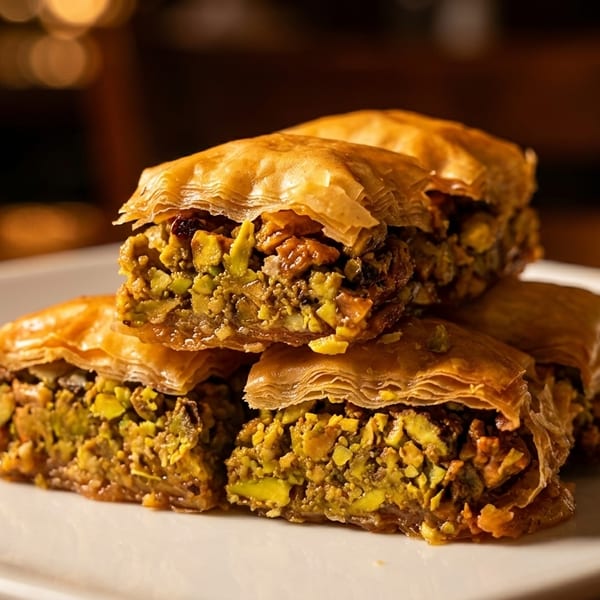 Close-up of golden baklava pieces, generously filled with chopped pistachios and nuts, on a white plate.