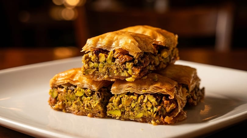 Close-up of golden baklava pieces, generously filled with chopped pistachios and nuts, on a white plate.