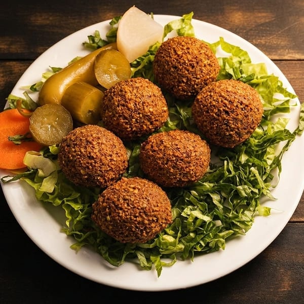 A plate of falafel balls on a bed of lettuce, with pickles, carrots, and radish.