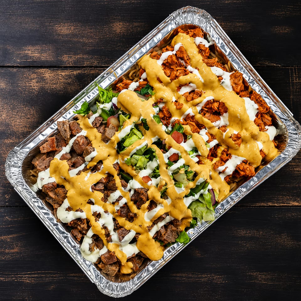 A foil tray filled with rice, chicken, beef, lettuce, tomatoes, and two sauces.